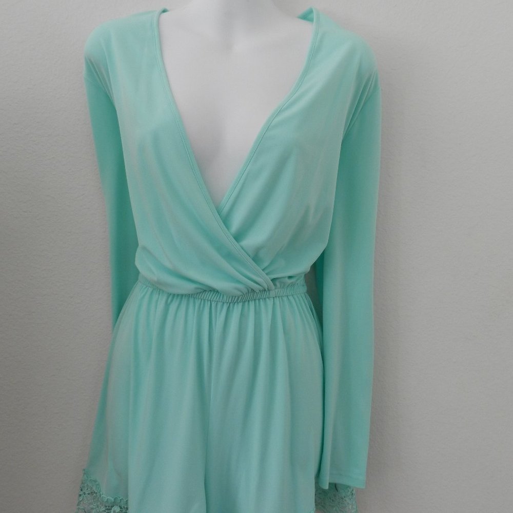 ING draped crossover front, lace accent, long sleeve shorts romper in mint green
